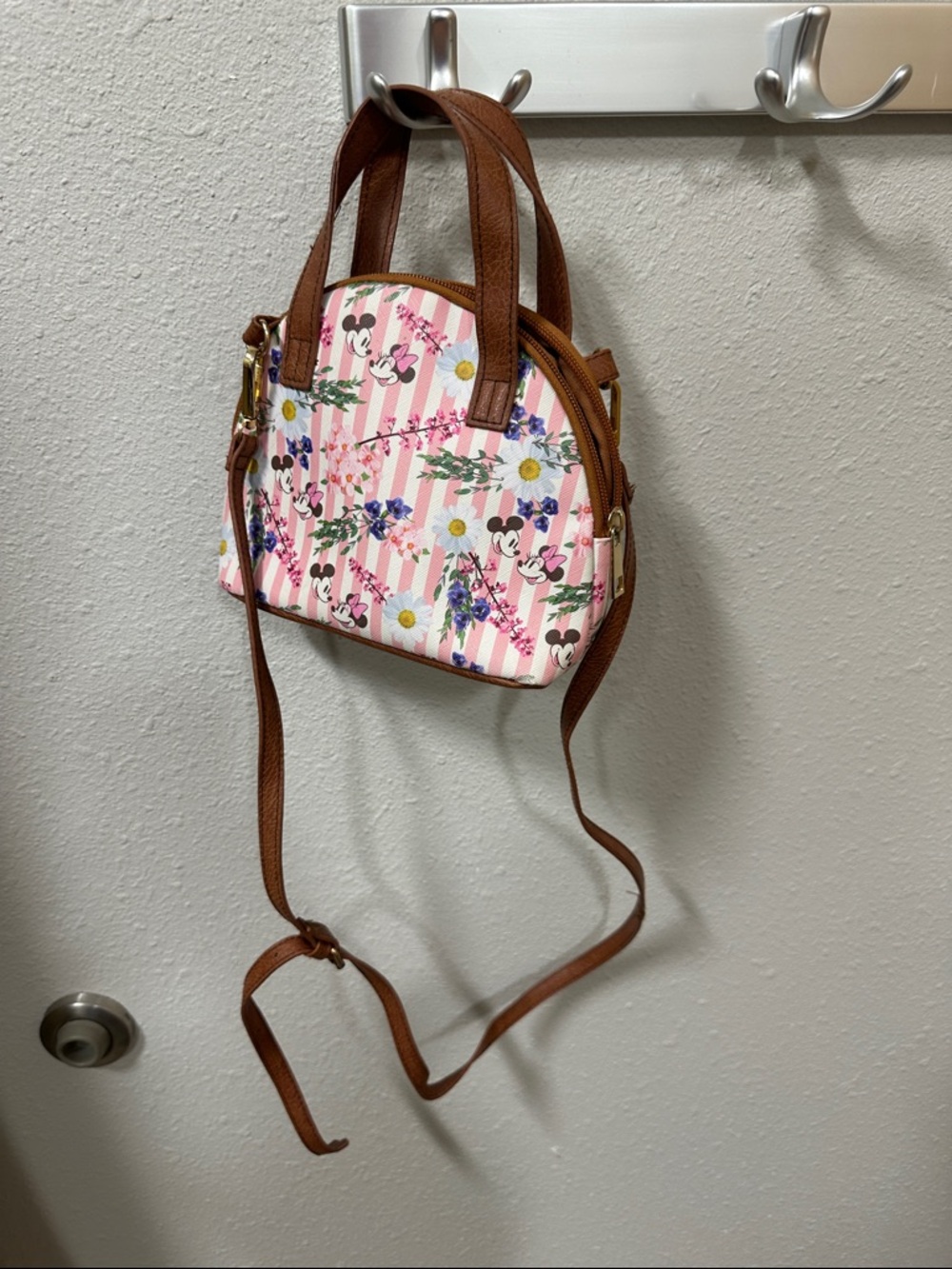 Disney Pink Floral Stripe Mini Dome Crossbody with Brown Trim